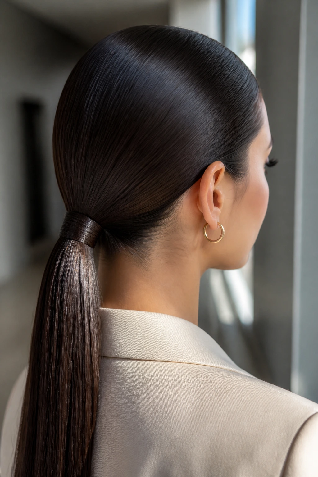 Back view of a woman with an ultra-glass low ponytail at the nape
