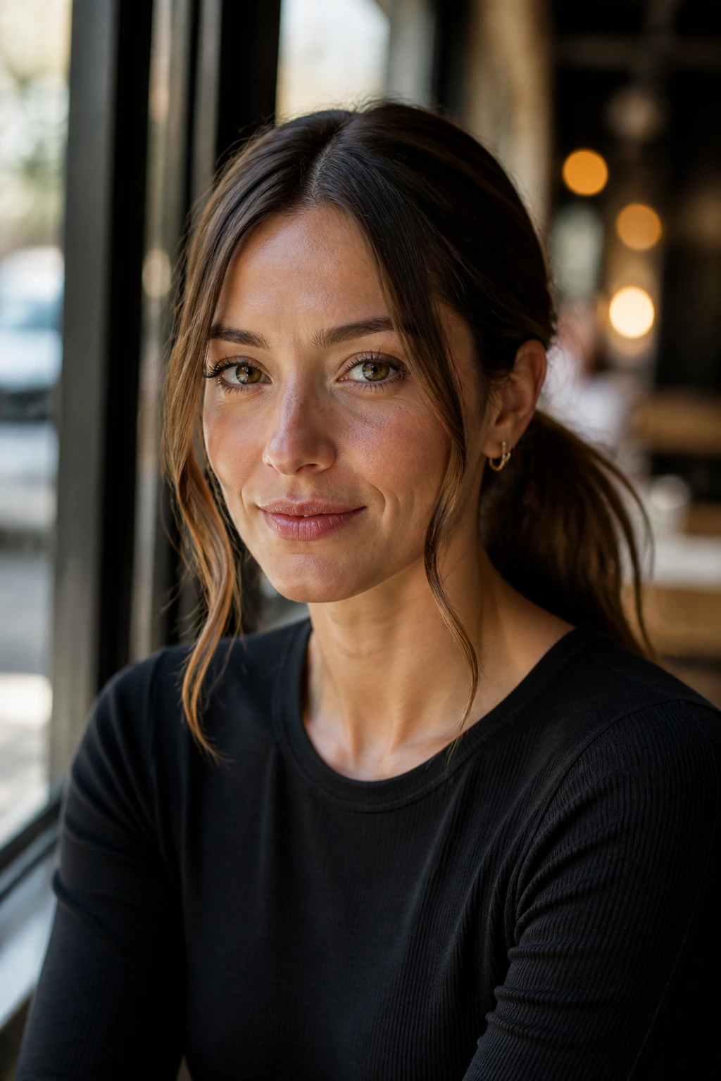 Close-up of a real woman with a low ponytail and soft tendrils around the face in a cafe
