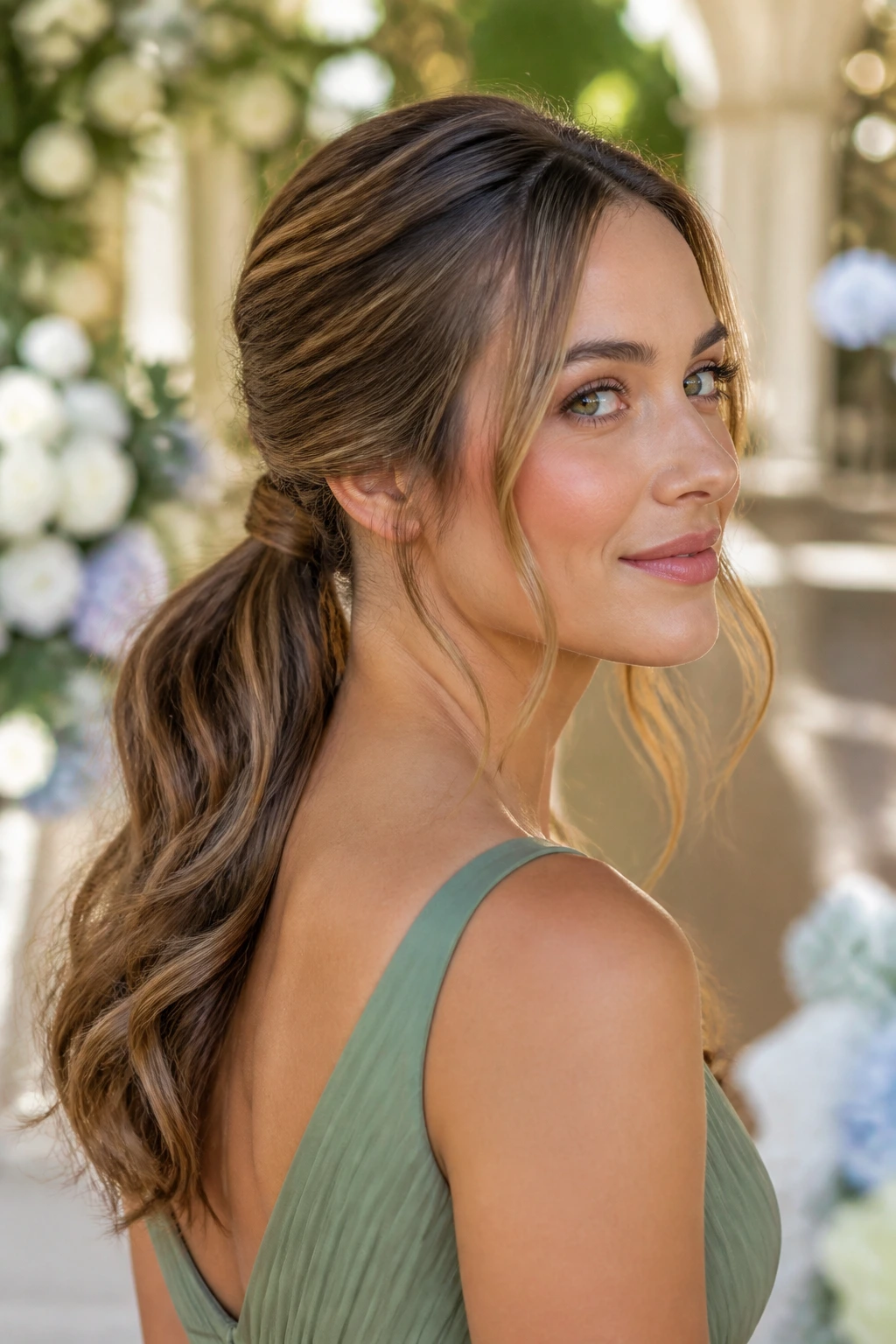 Close-up of a real person’s low ponytail showing natural texture outdoors