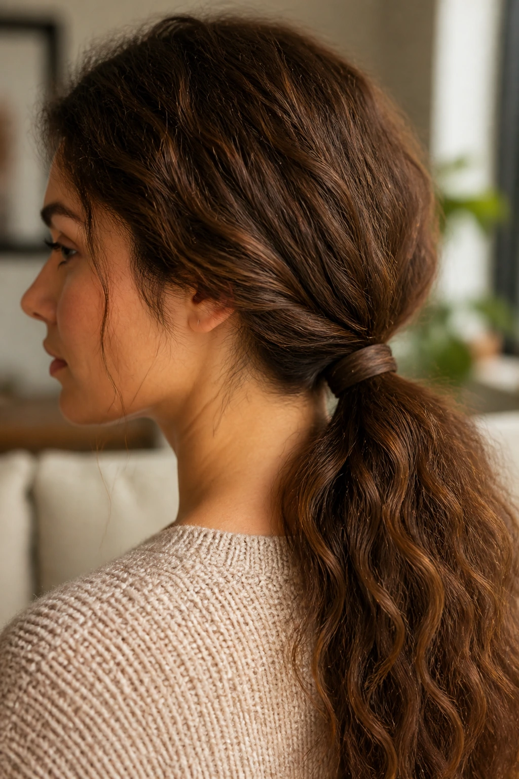 Close-up of a real woman showing a wrapped low ponytail at the nape