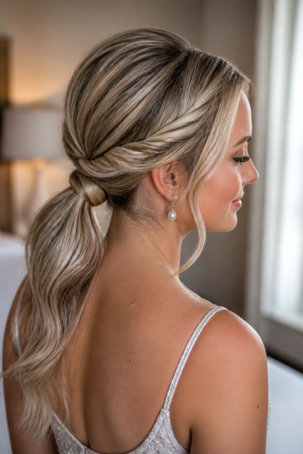 Bride with low ponytail and twisted sides, portrait