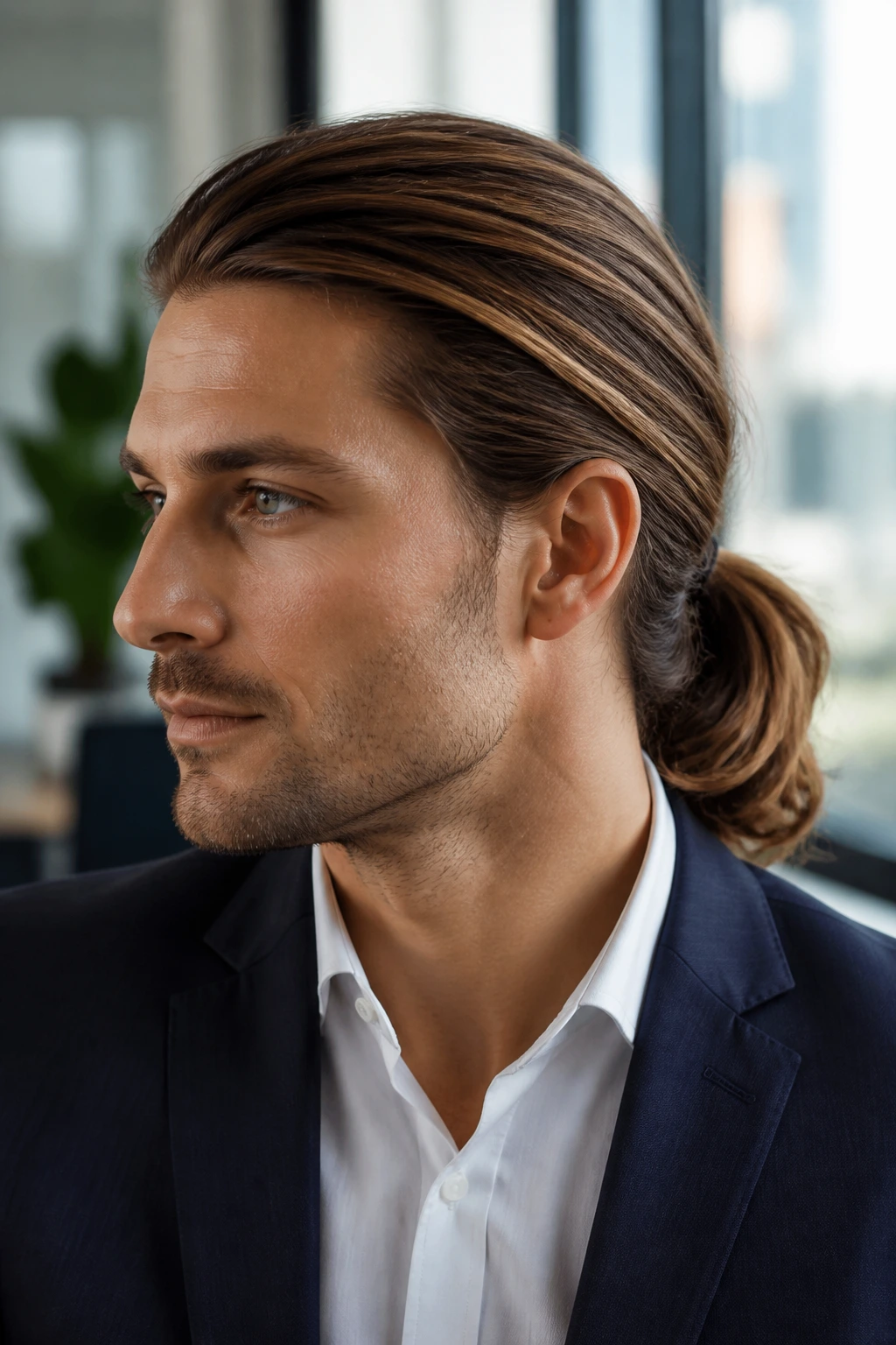 Man with low ponytail in professional setting