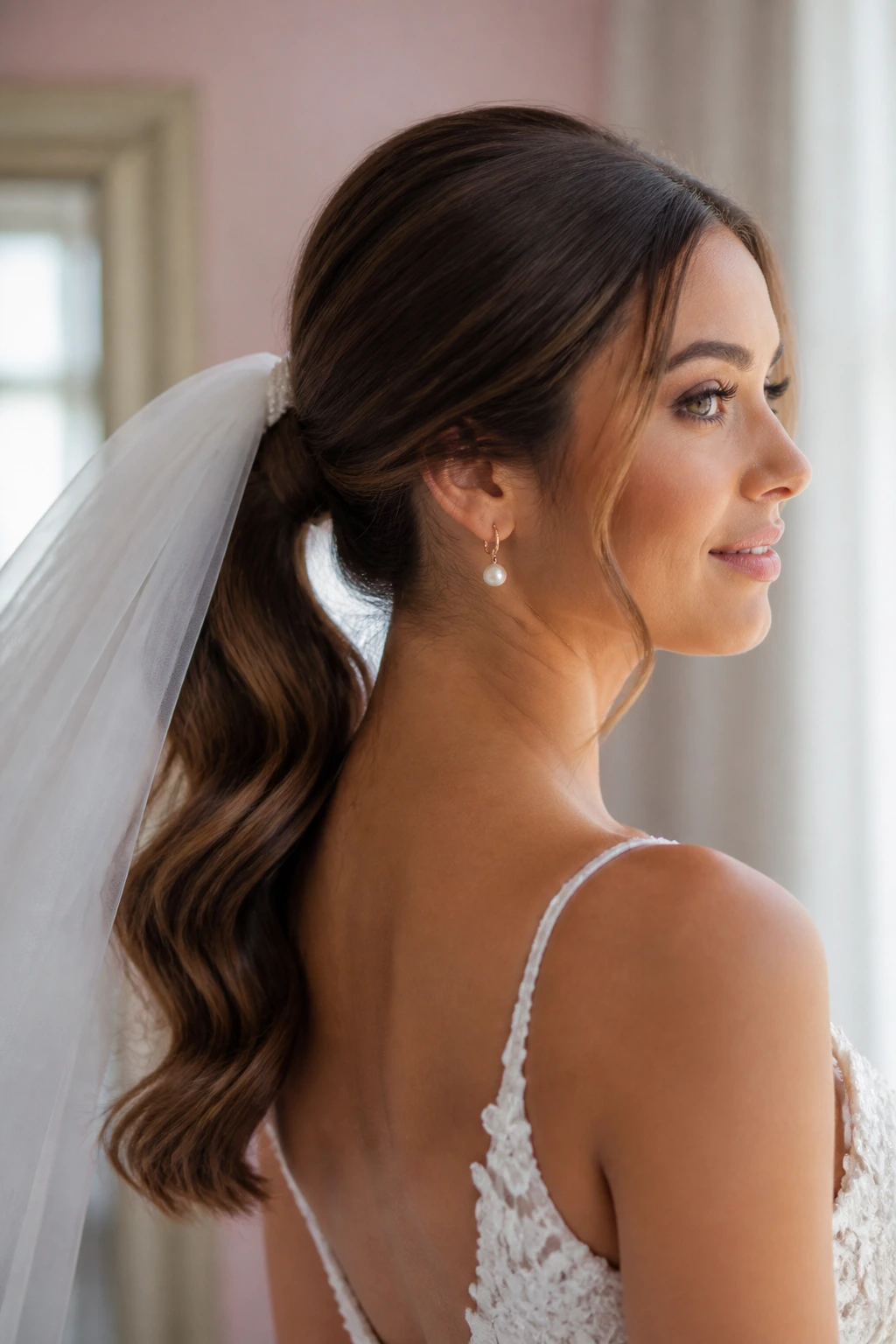 Close-up of bride with Low Ponytail and Veil, veil anchored above elastic