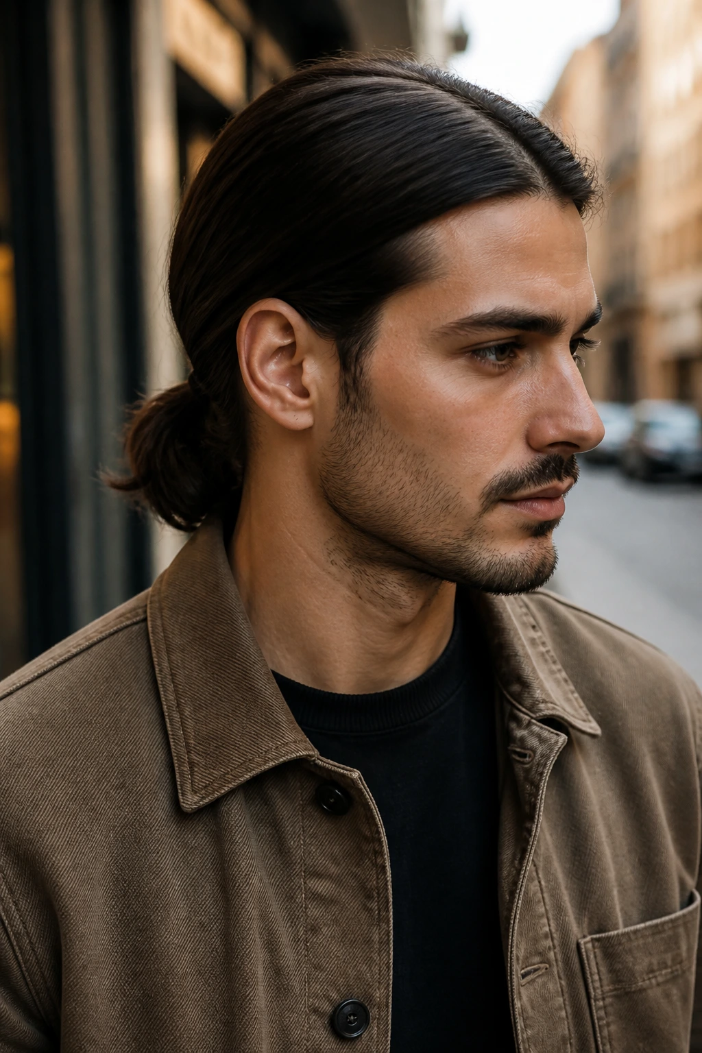 Man with low ponytail and clean part in an urban setting