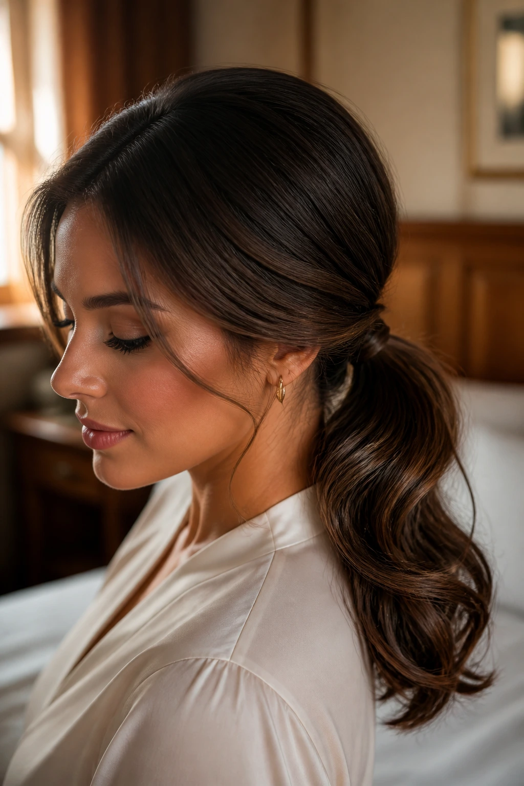 Close-up of a woman with a low-nape ponytail and vintage glamour