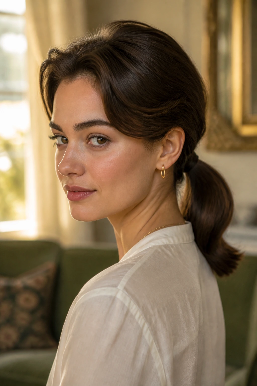 Close-up of a real woman with a vintage-inspired low ponytail at the nape and soft crown waves