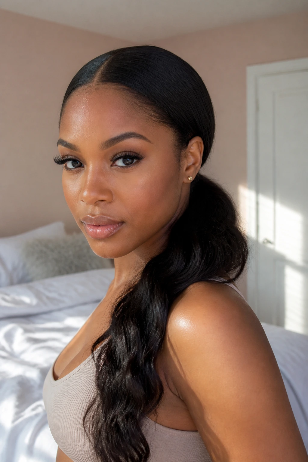 Woman with low ponytail and clean center part.