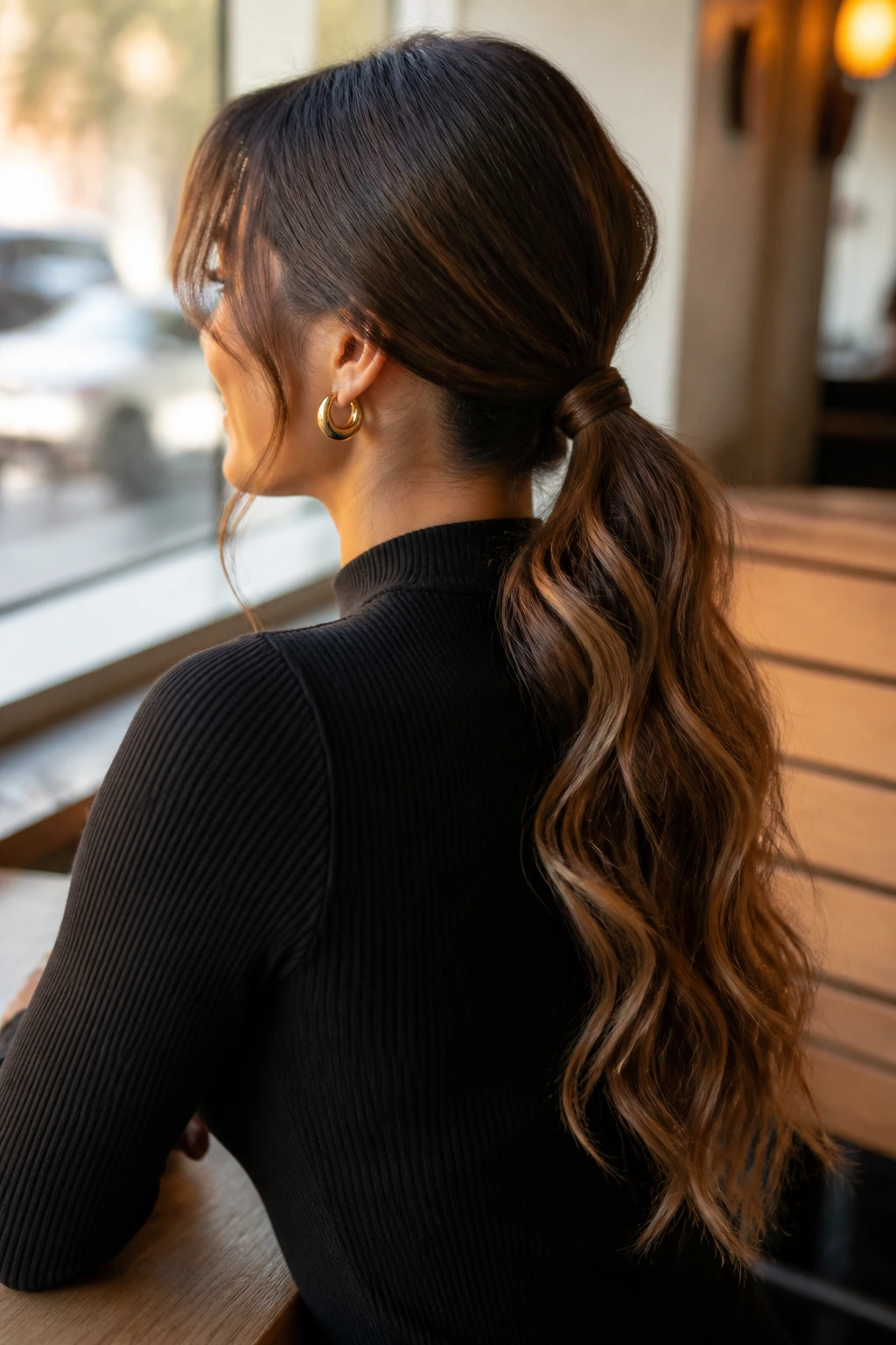 Real person showing a low ponytail with waved lengths