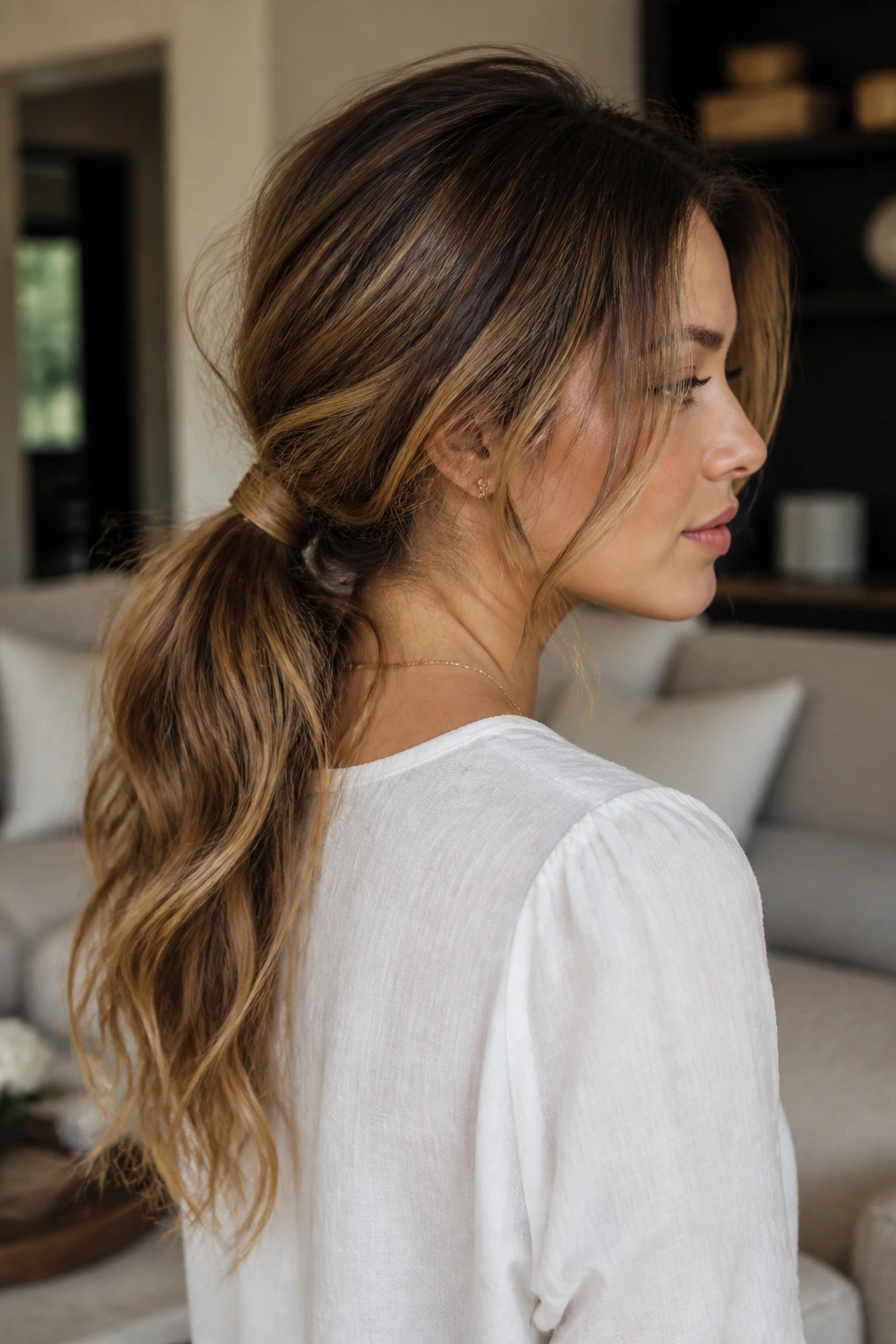 Close-up of a woman with a soft-waved low ponytail