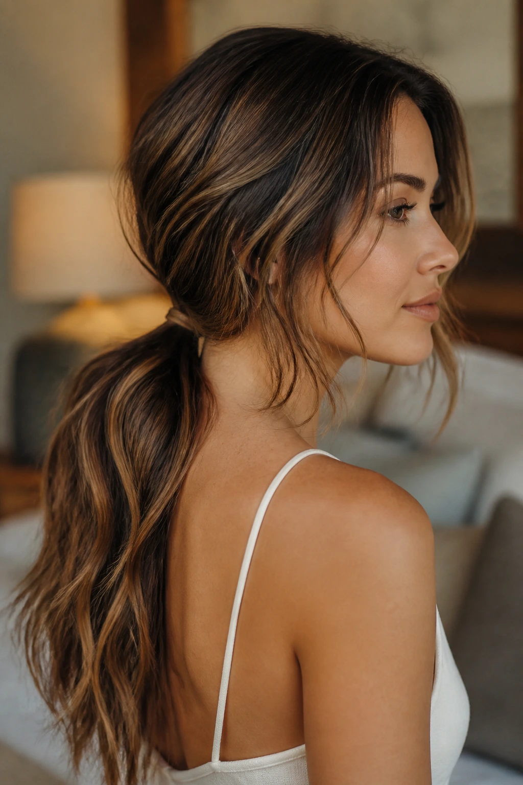 Real woman with textured low ponytail waves in cozy room