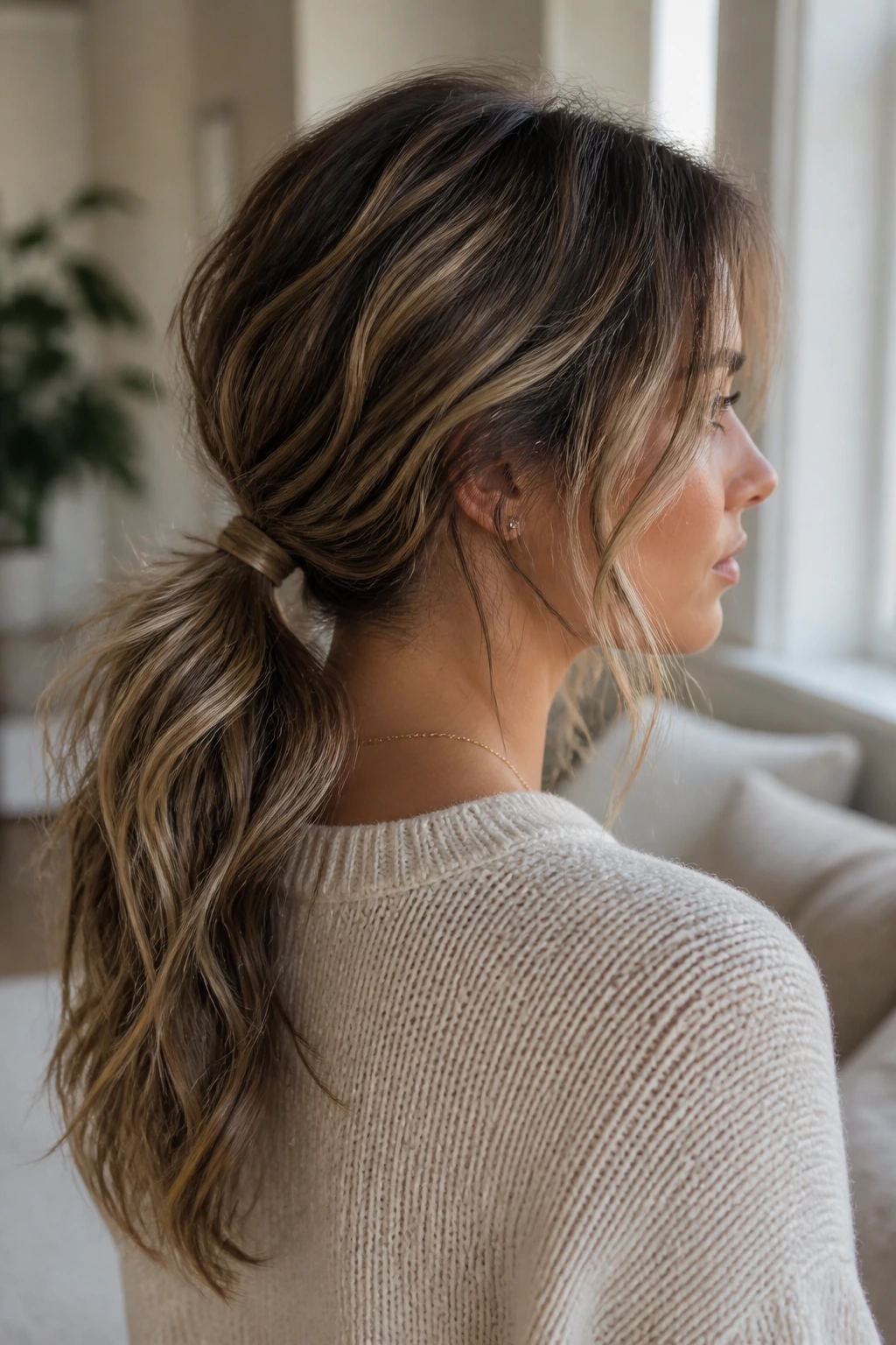 Portrait of a woman with a textured low ponytail and loose waves