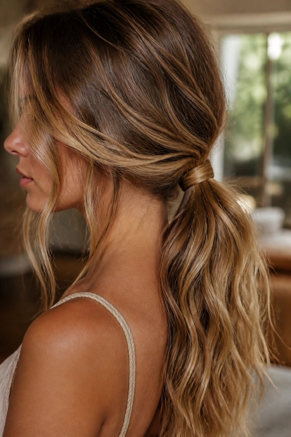 Close-up of real woman with a low ponytail waves and wrap