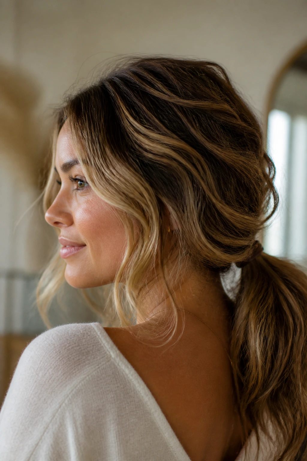 Close-up portrait of a woman with a low ponytail and wavy crown in warm window light