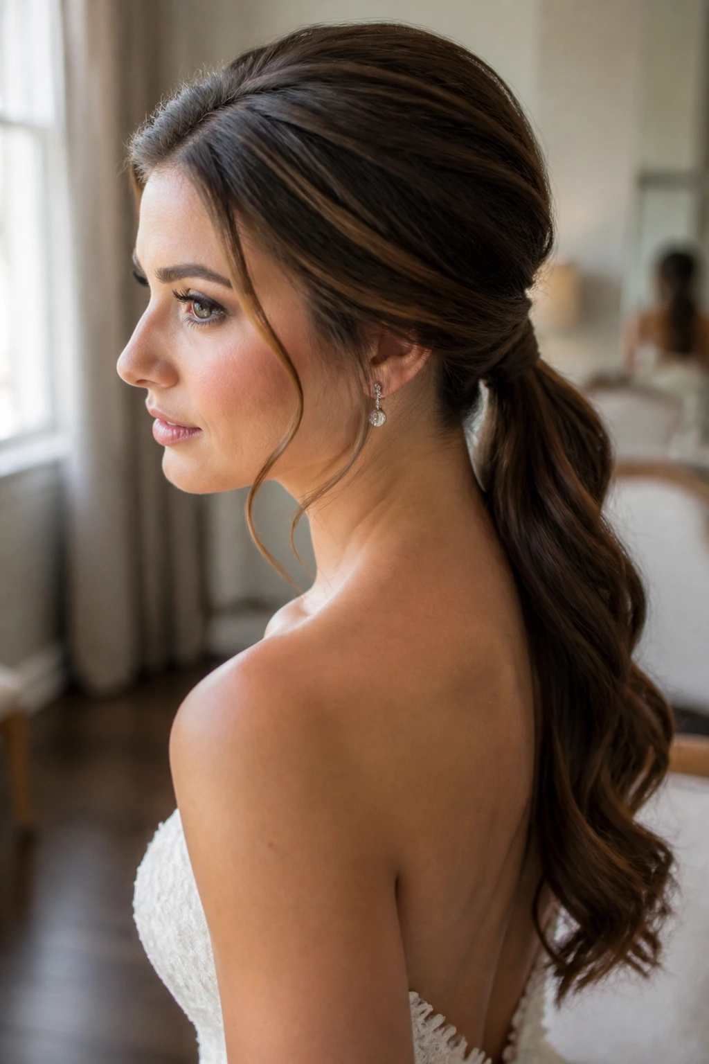 Close-up of a bride with a romantic low ponytail featuring a wrapped base and curled tail.
