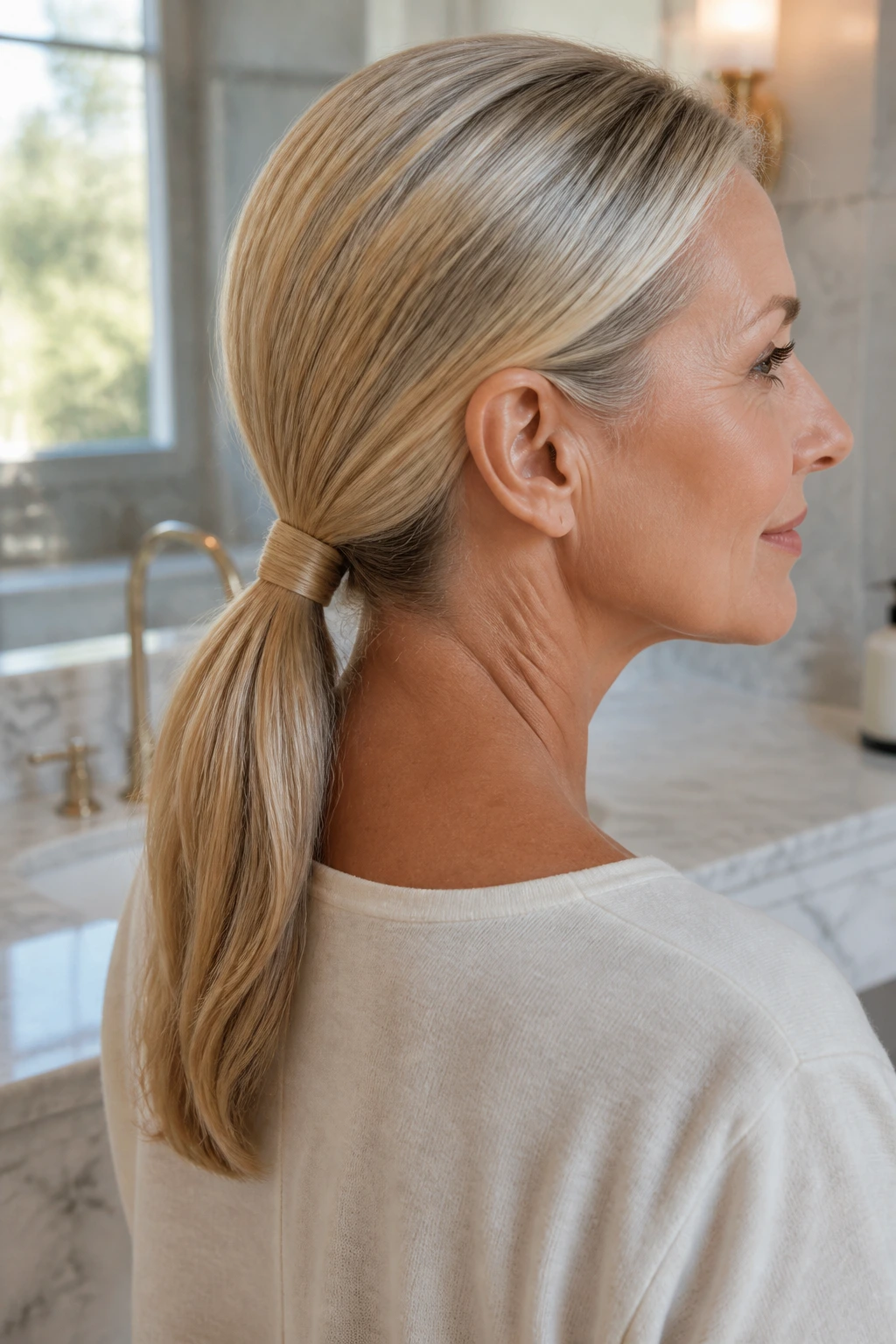 Close-up of a woman with a low wrapped ponytail at the nape.