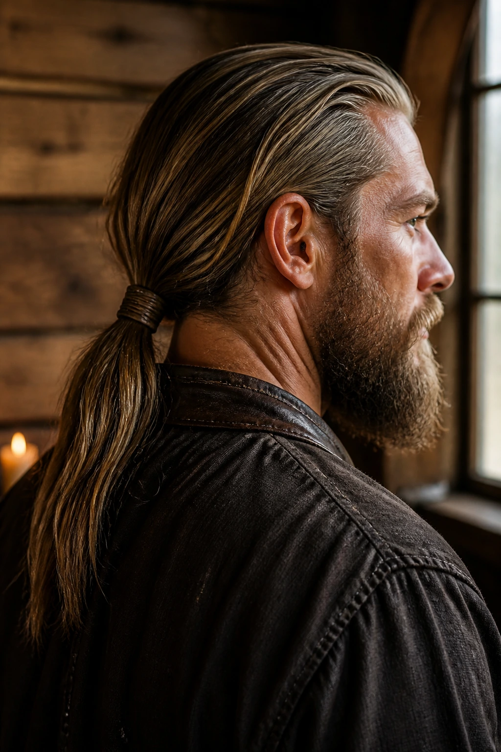 Close-up portrait of a man with a low ponytail wrapped tie at the nape, leather wrap, natural light