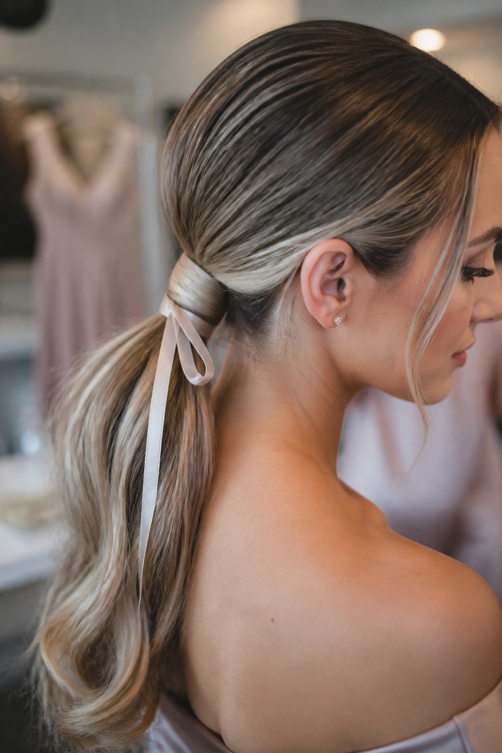 Close-up of a real person’s low ponytail with wrapped elastic and ribbon accent