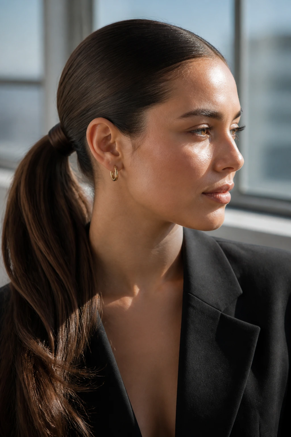 Portrait of a real woman with a low wrapped ponytail in office daylight