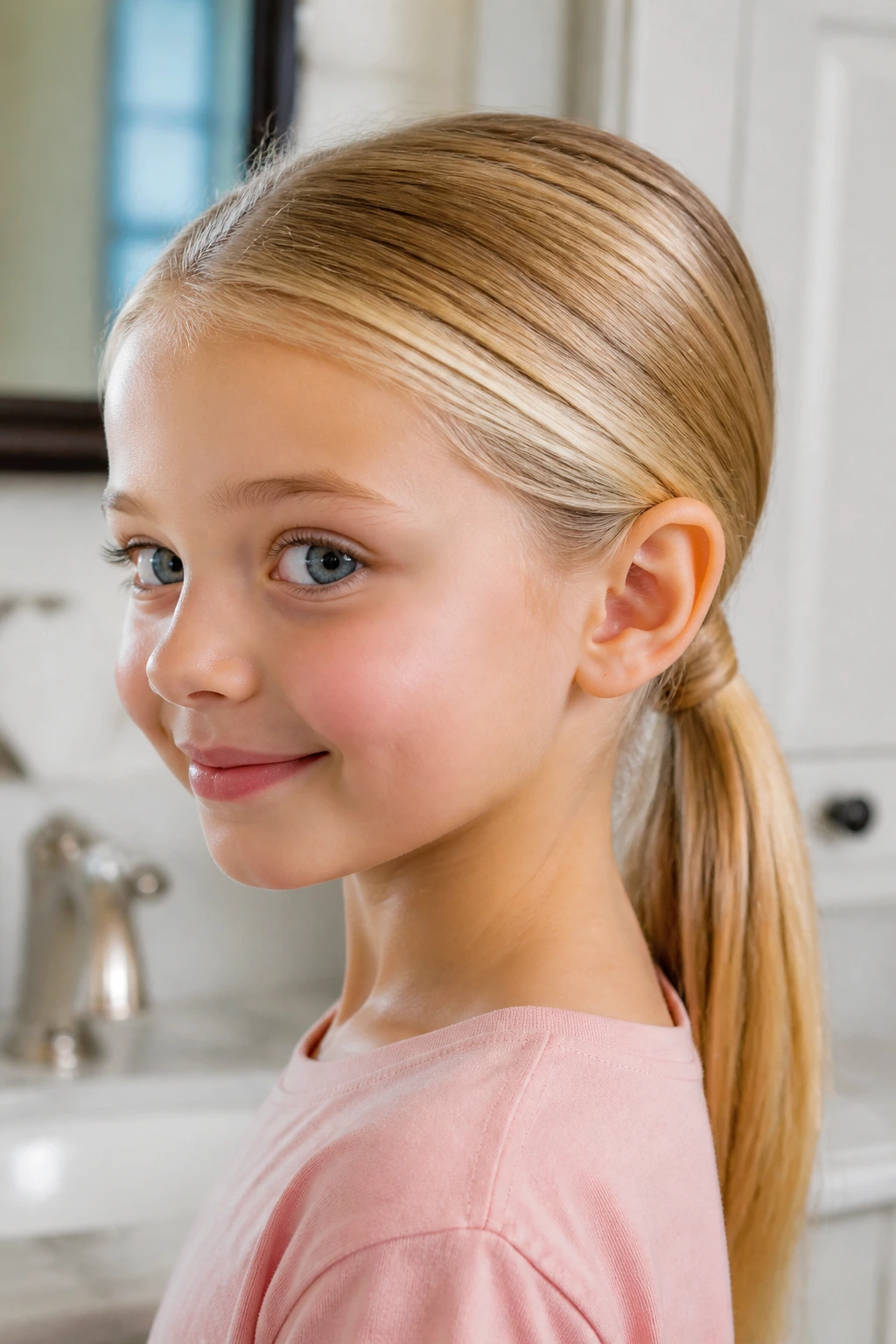 Close-up of a little girl's head with a low ponytail wrapped base in a sunlit bathroom