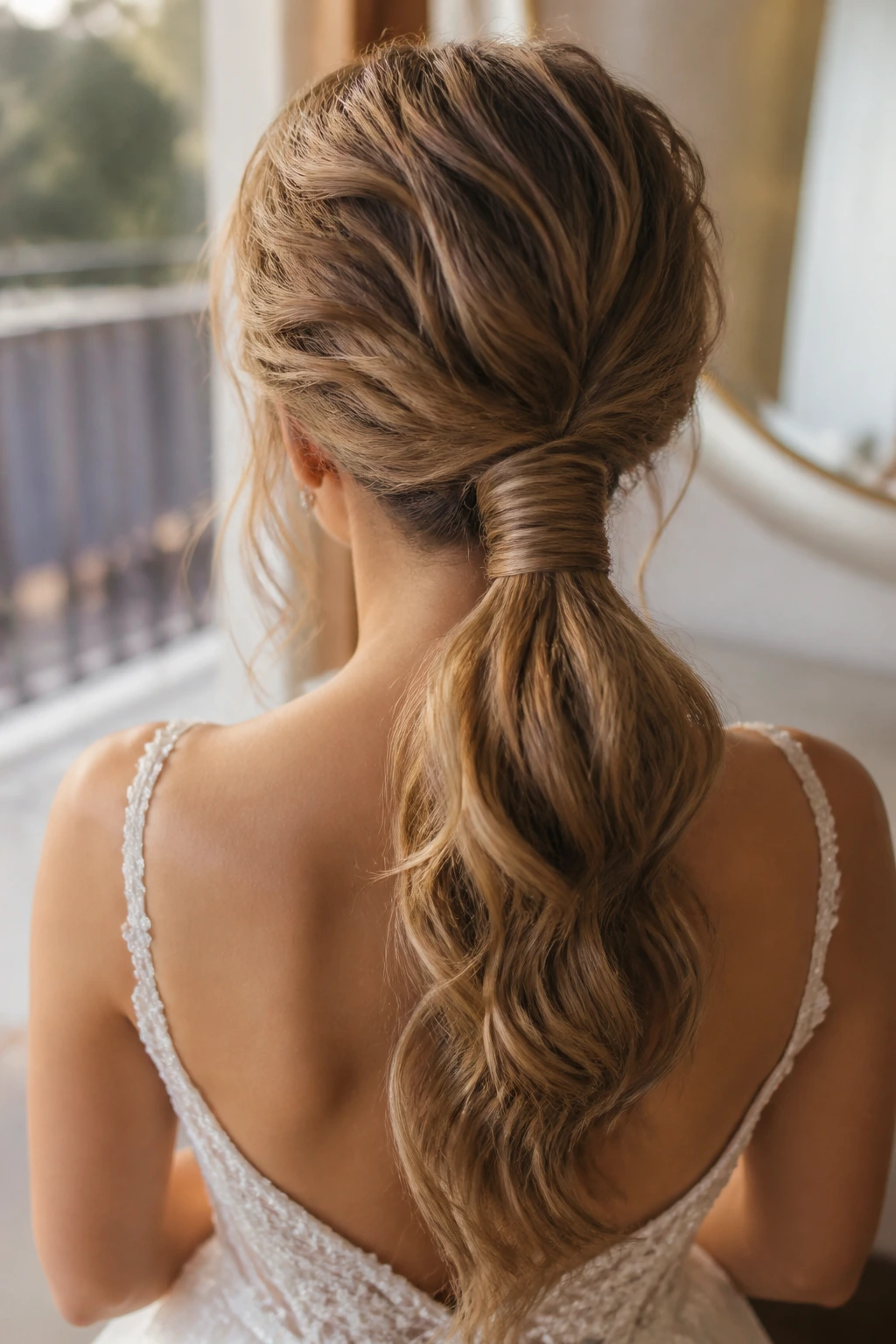 Back view of bride with textured low ponytail and wrapped base