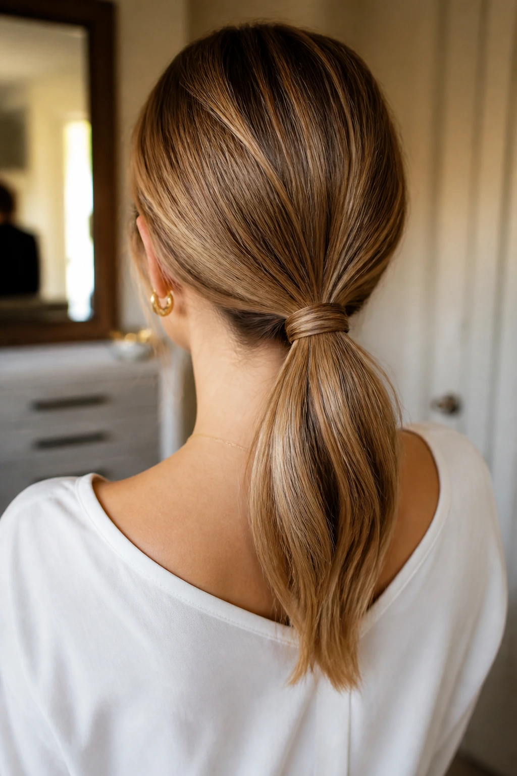 Back-of-head view of a real woman with a low ponytail and wrapped base