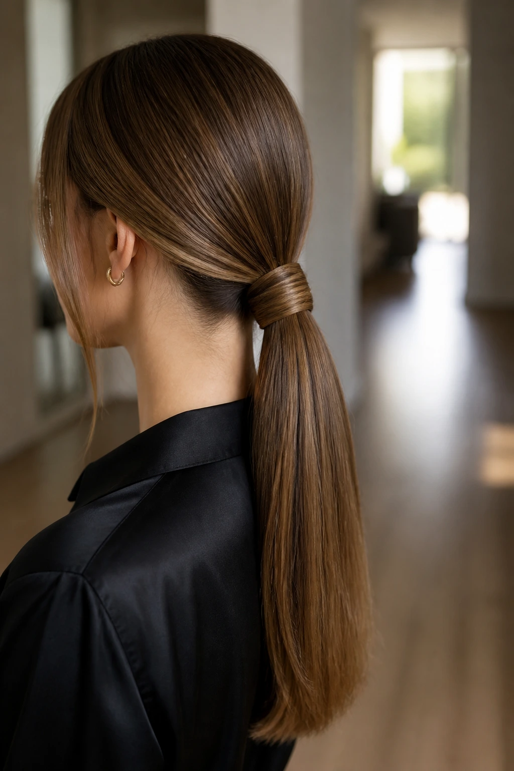 Close-up side view of a woman with a low ponytail featuring a wrapped base