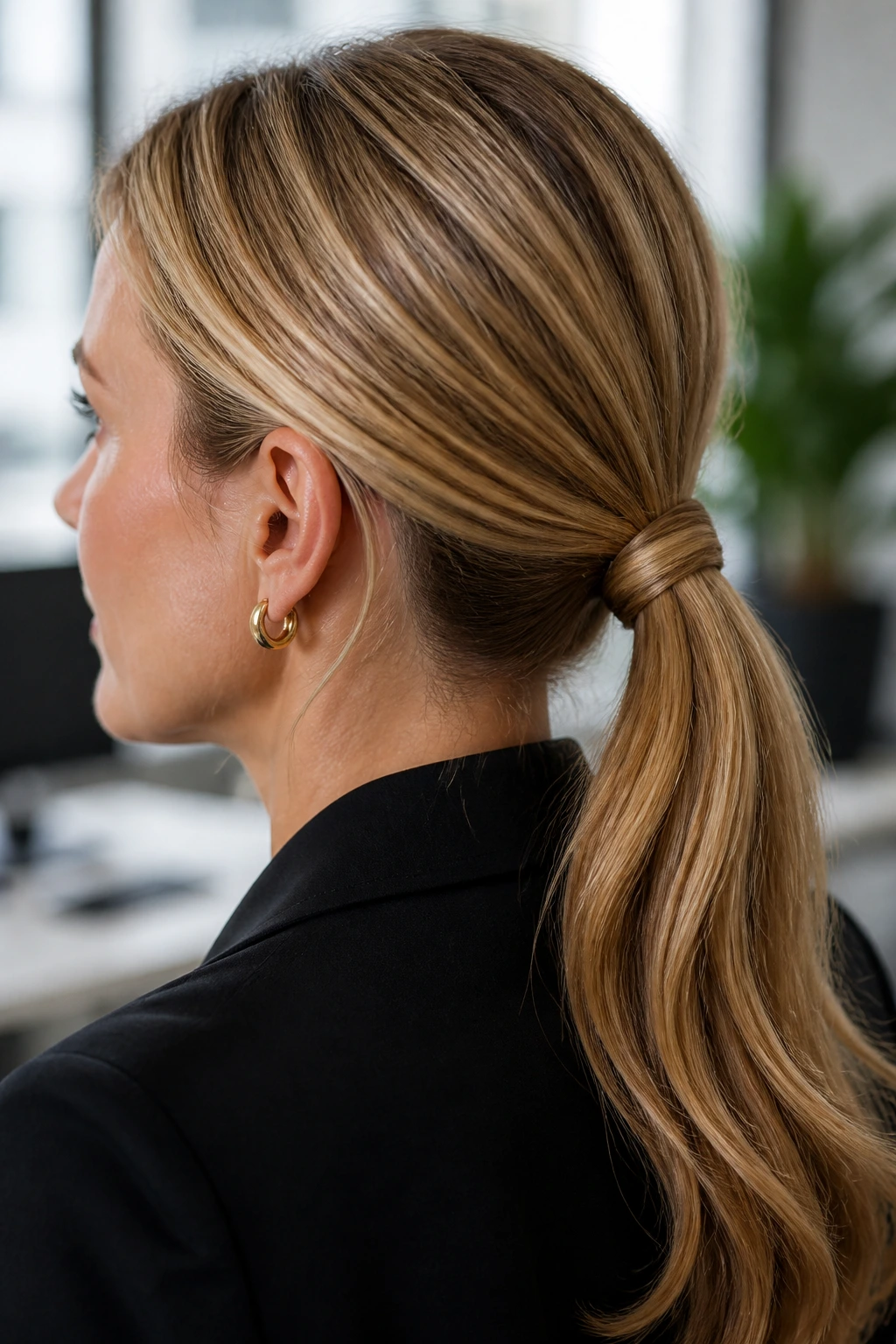 Portrait of a woman with a low ponytail and wrapped base