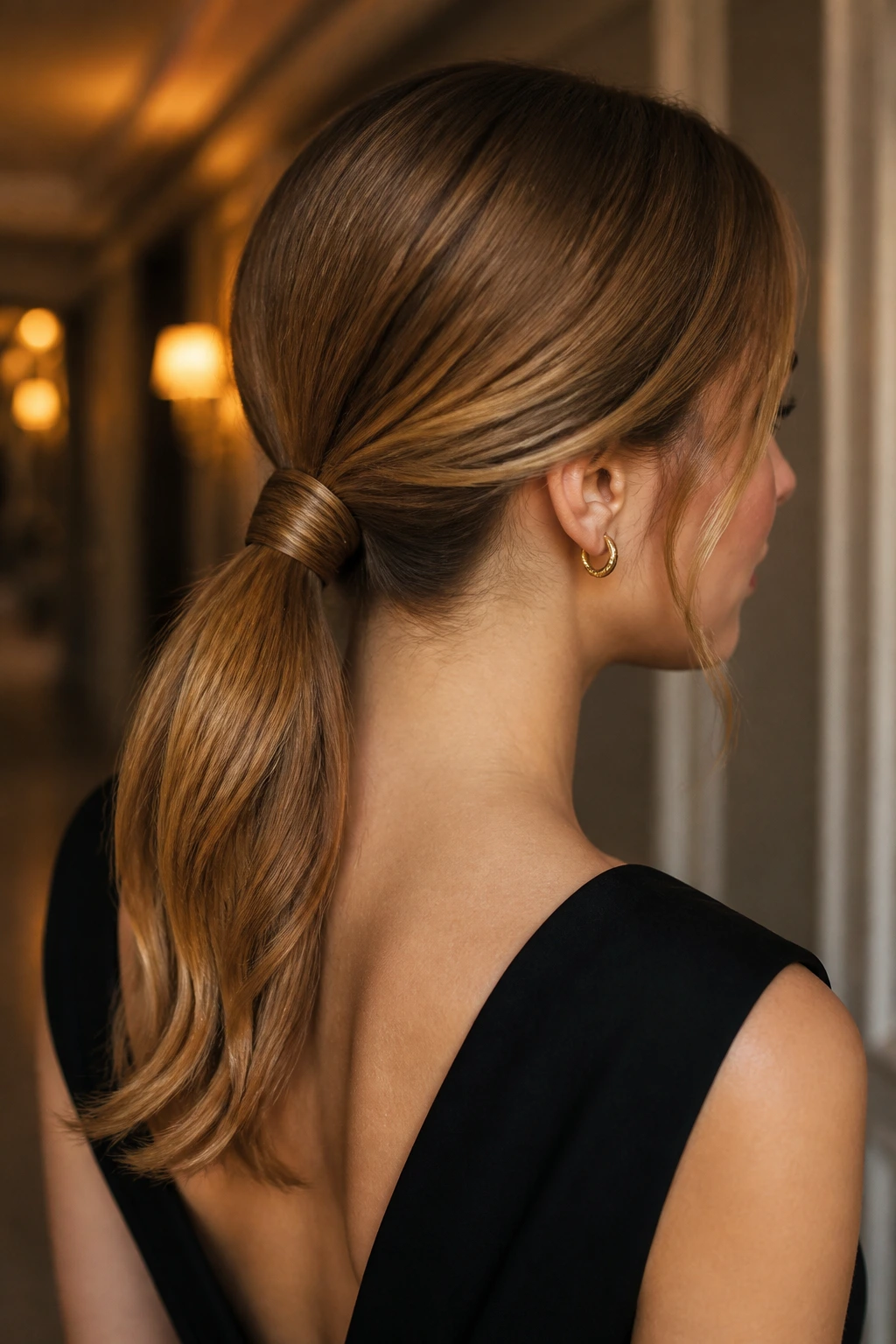 Close-up of a woman with a low ponytail wrapped at the base.