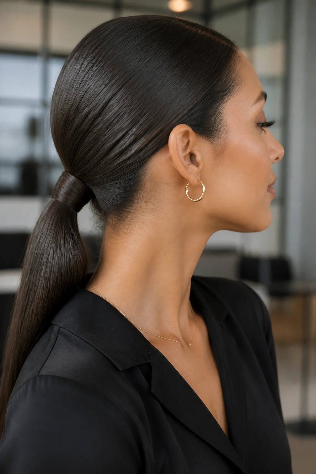 Close-up portrait of a woman with a sleek low ponytail wrapped base