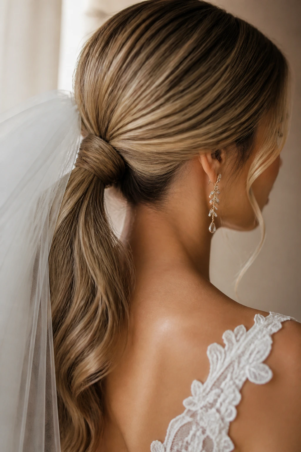 Bride with a low ponytail wrapped base, showing a polished nape