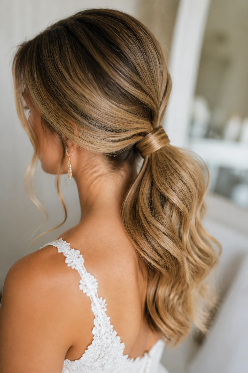 Bride's low ponytail with wrapped base and soft waves