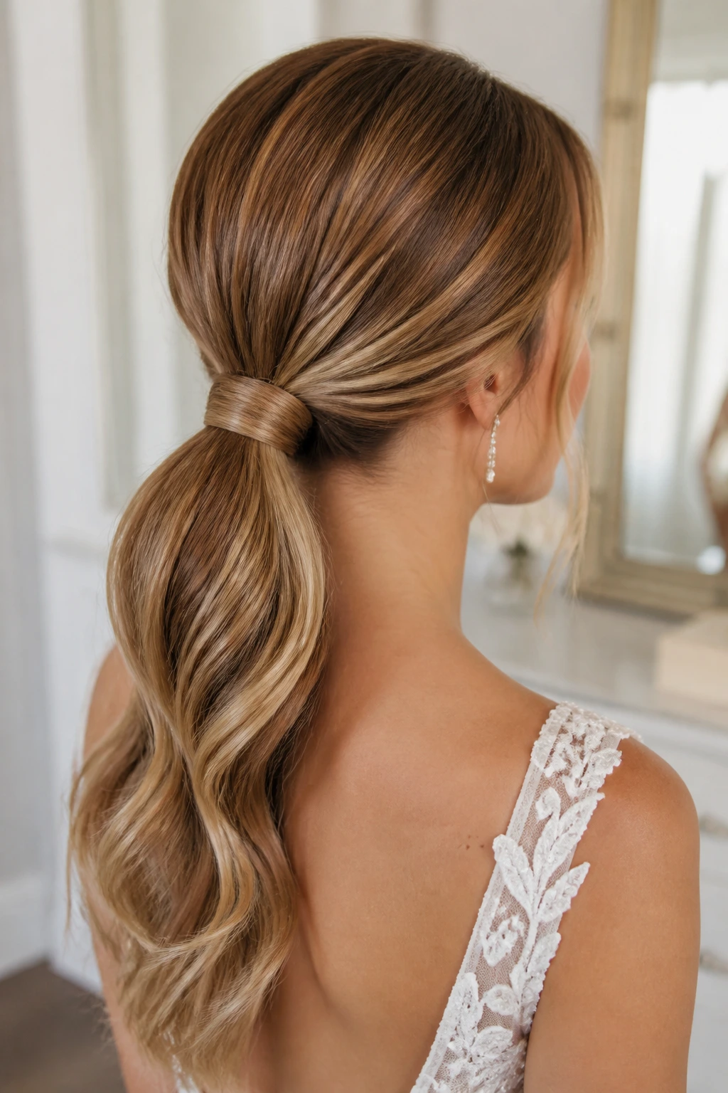 Close-up of a bride's loose low ponytail with wrapped base
