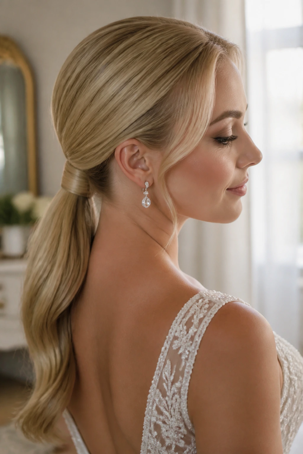 Close-up of a bride with a wrapped-base low ponytail
