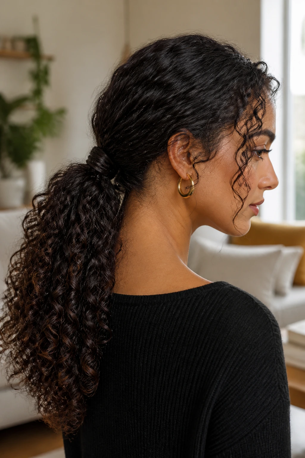 Close-up of a woman with a low curly ponytail wrapped at the base