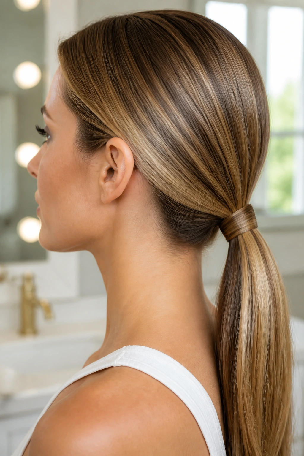 Profile of a real woman with a low ponytail wrapped at the base