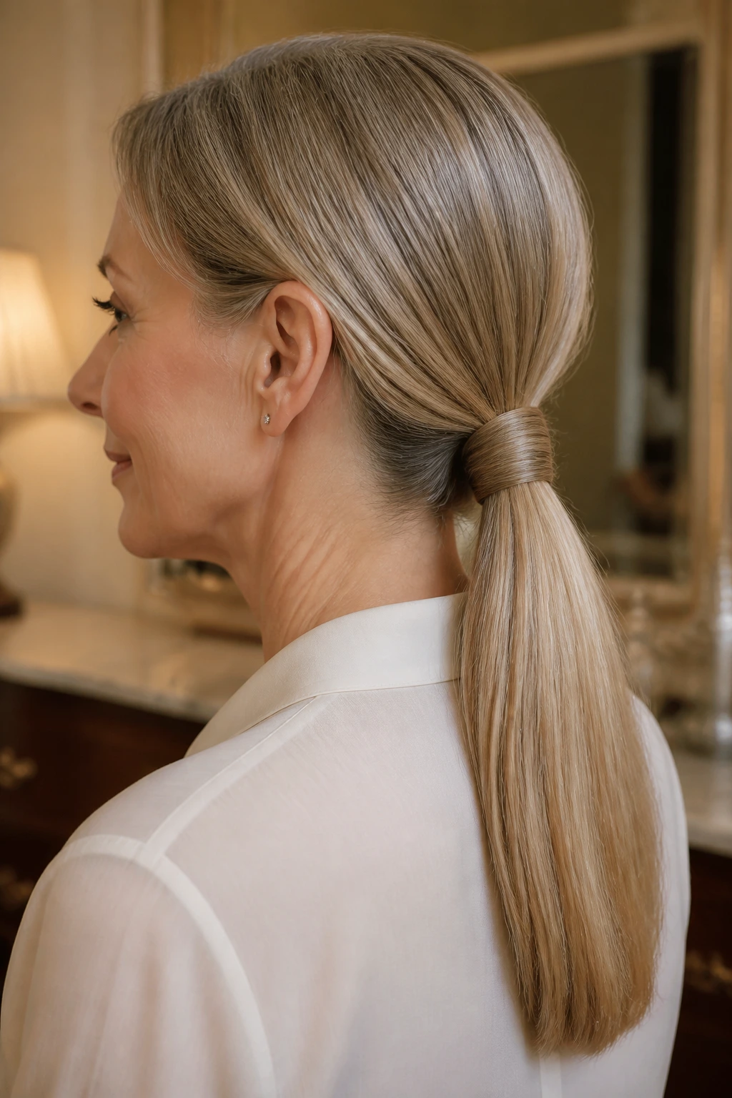 Close-up of a real woman with a low ponytail featuring a wrapped base.
