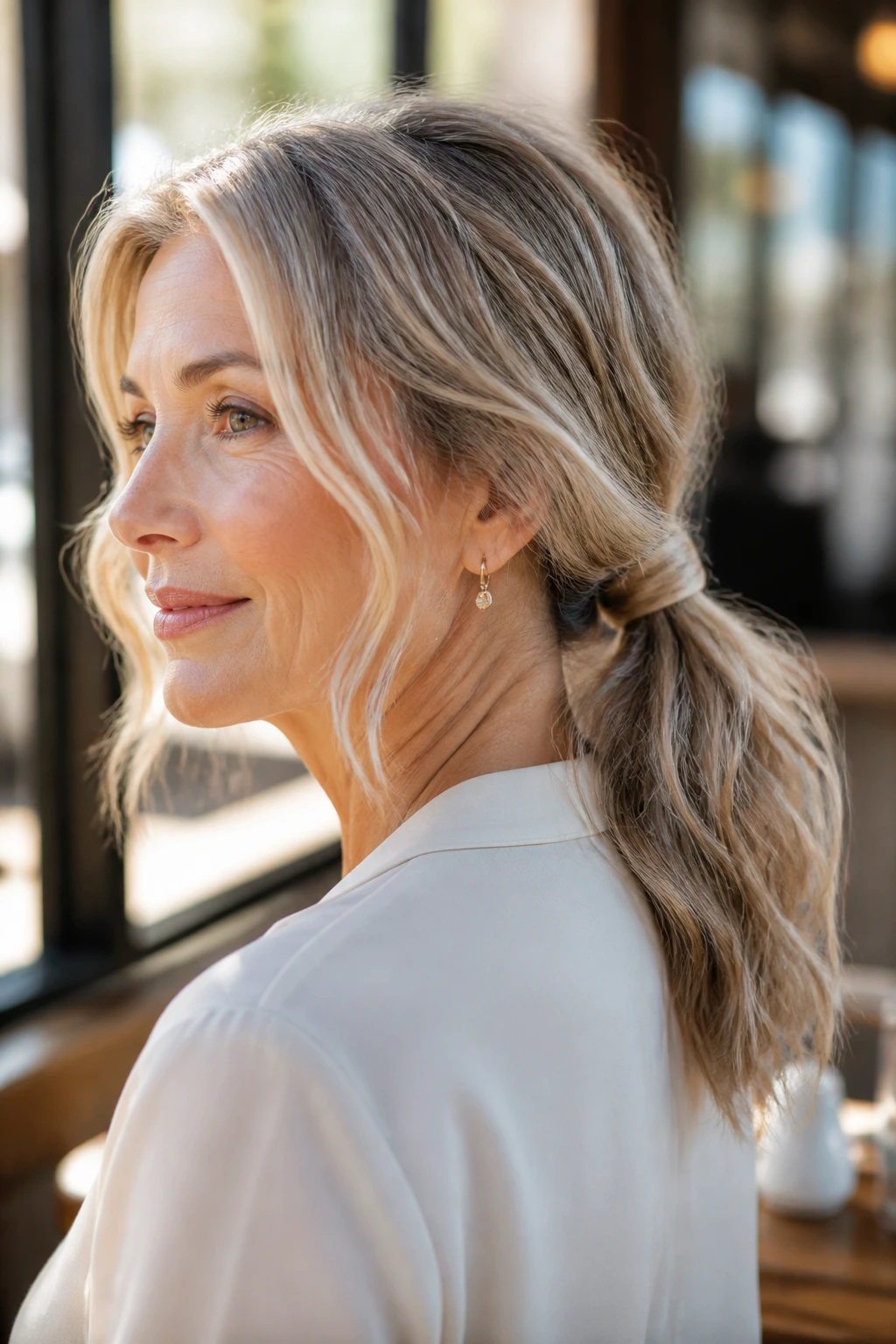 Portrait of a woman with a low ponytail wrapped base, soft waves visible.