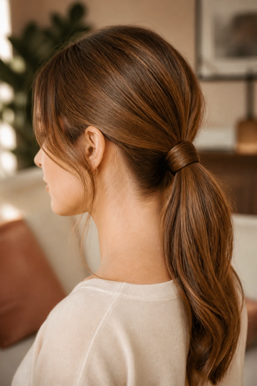 Close-up of a real woman with a low ponytail wrapped around the elastic.