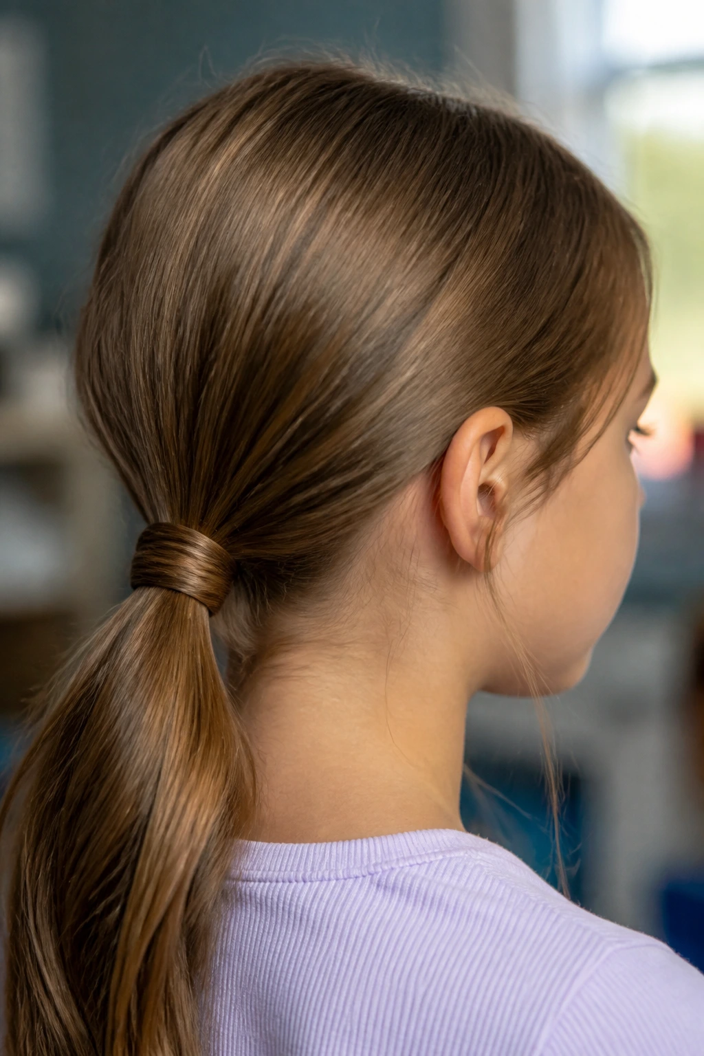 Close-up of a girl with a low ponytail and wrapped strand