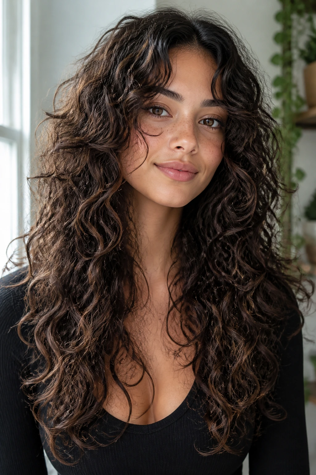 Low-porosity curls with long layers in natural light.