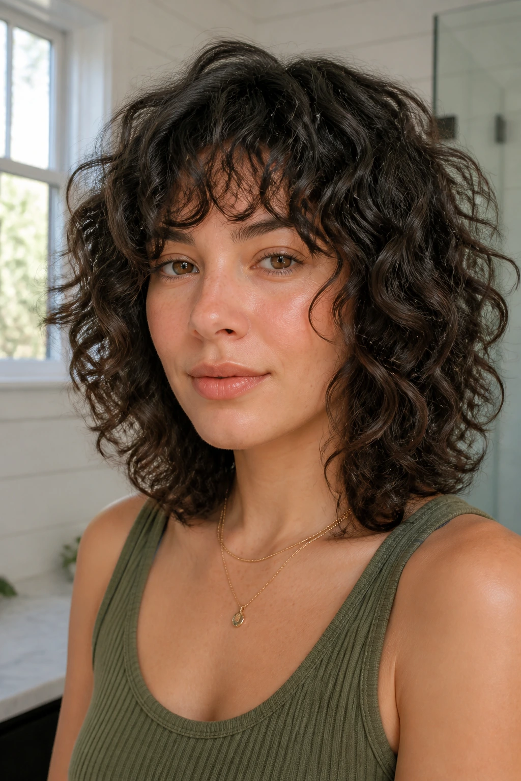 Close-up portrait of a real person with light-weight low-porosity curls at shoulder length