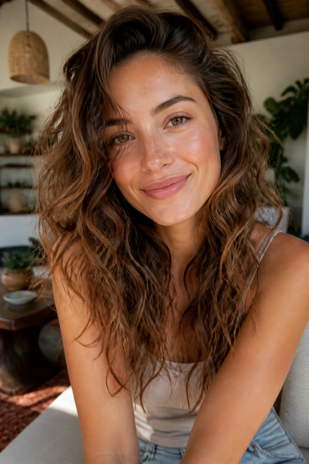 Real woman with low-product weekend waves in a sunlit room.