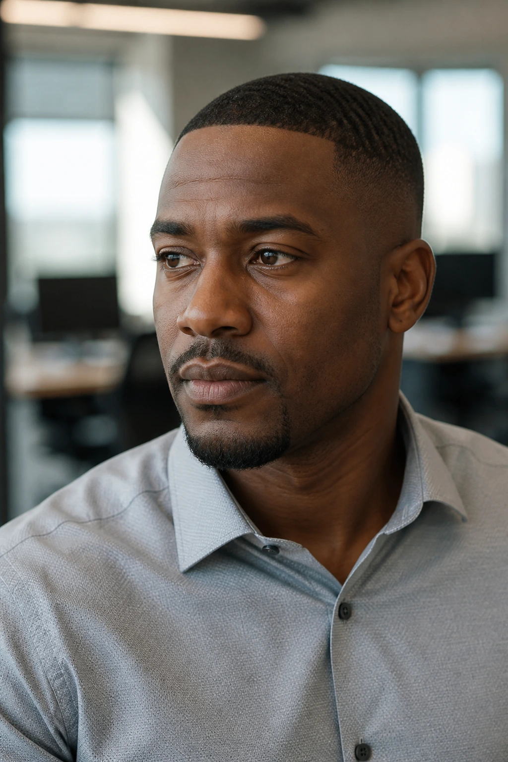 Head-and-shoulders portrait of a Black man with low-profile buzz in office setting