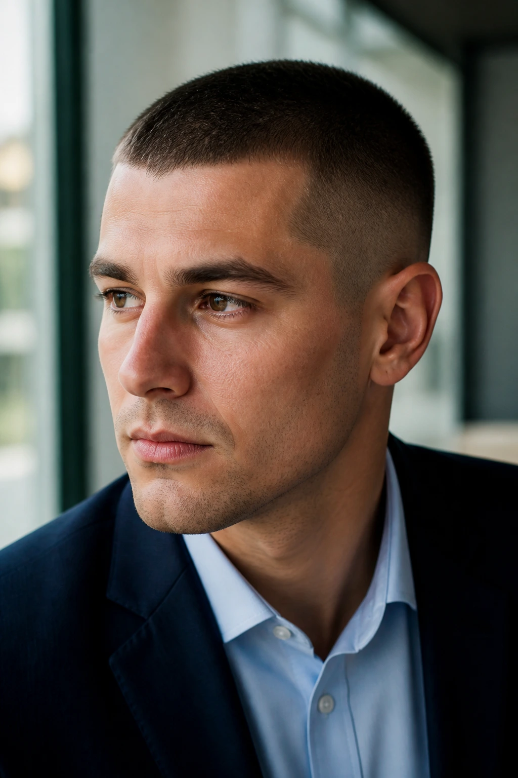 Portrait of man with low-profile crew cut in office setting