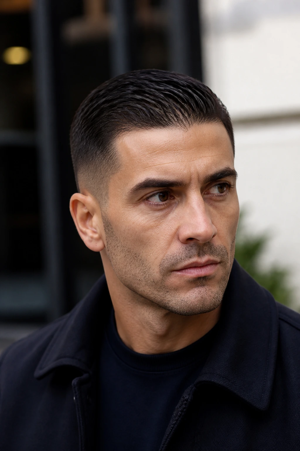 Portrait of a man with low-profile crop slick back hairstyle on an urban street