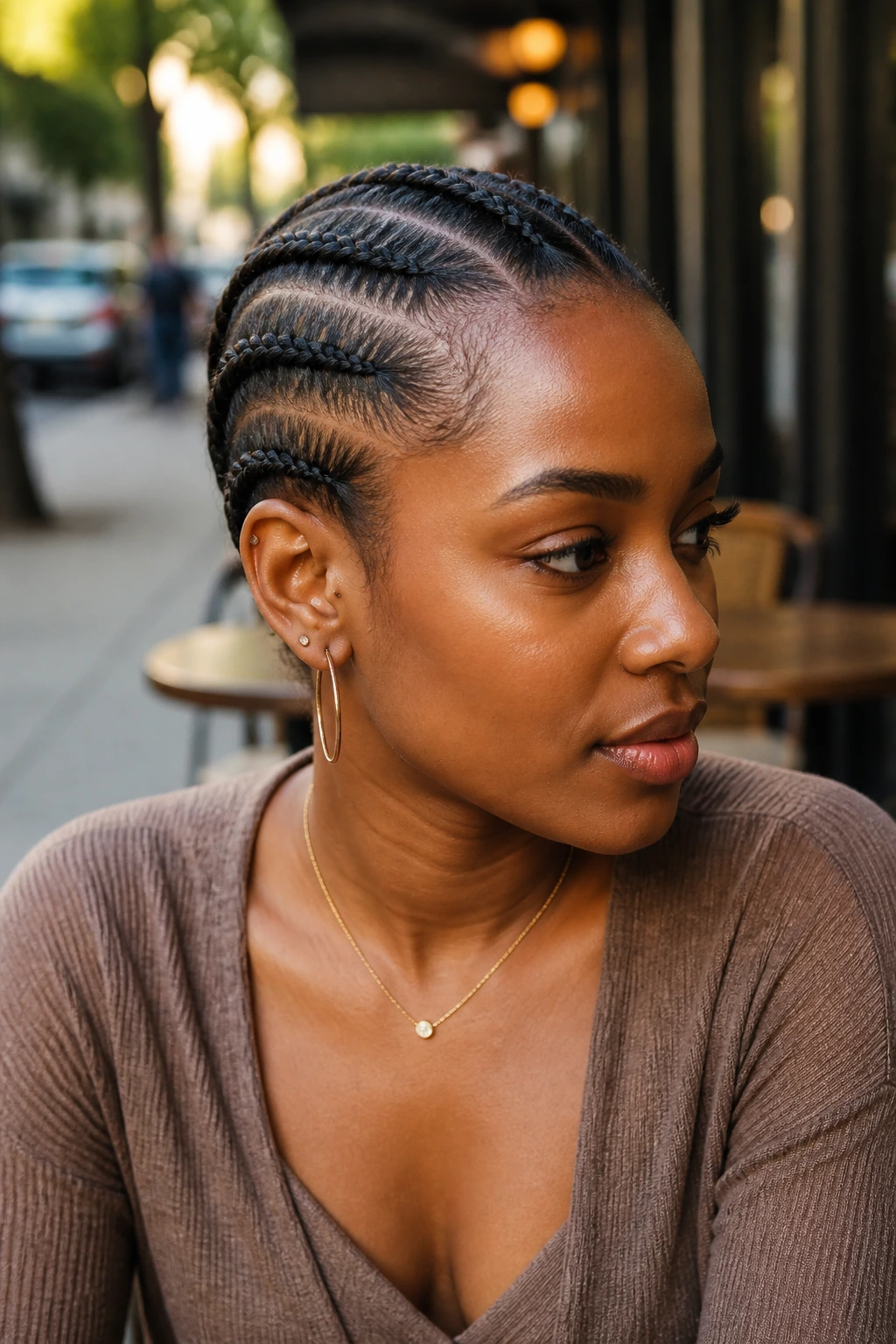 Close-up of a real person with a low-profile hawk hairstyle and braided sides