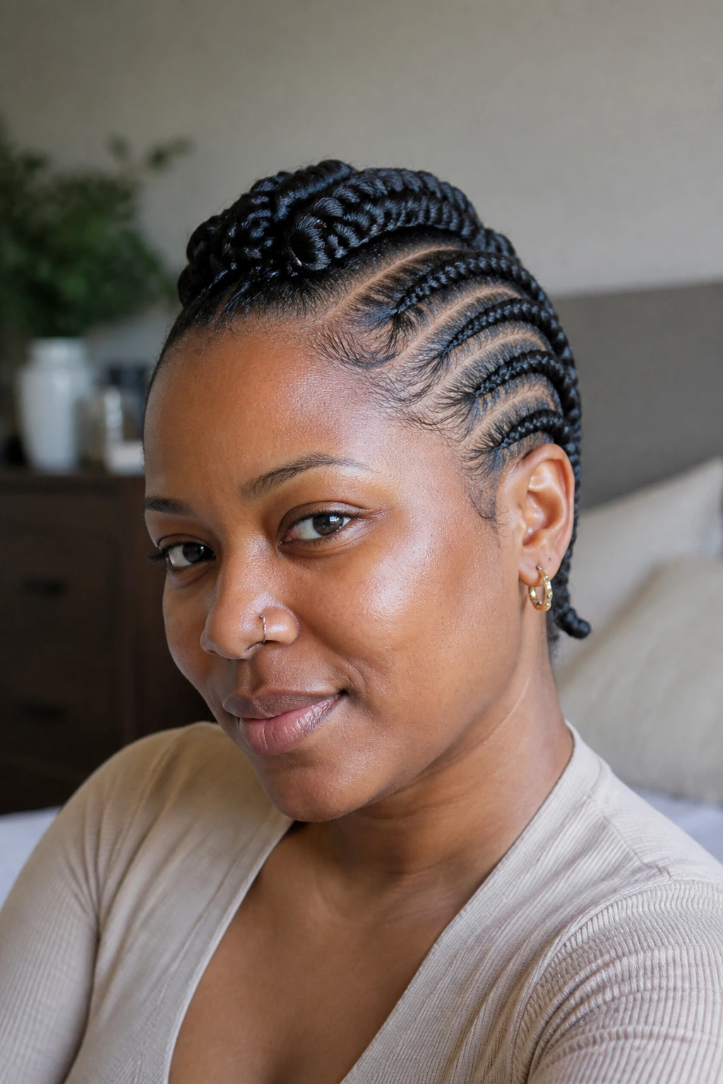 Real woman with low-profile protective hawk mohawk, portrait