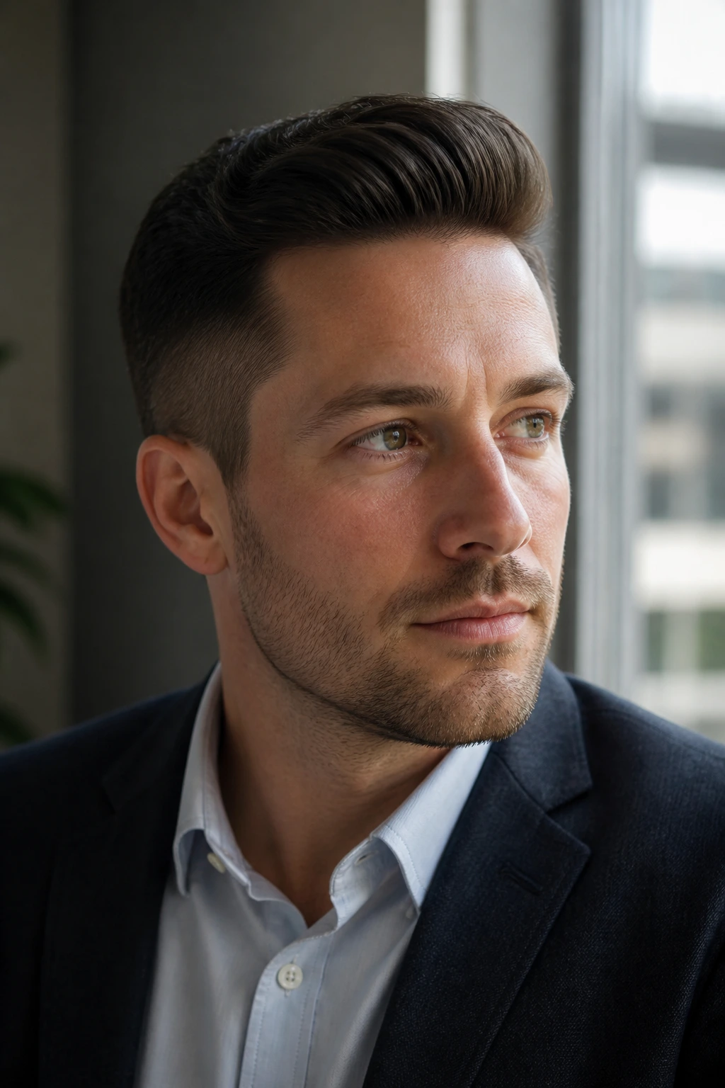 Portrait of a man with a low-profile office pompadour
