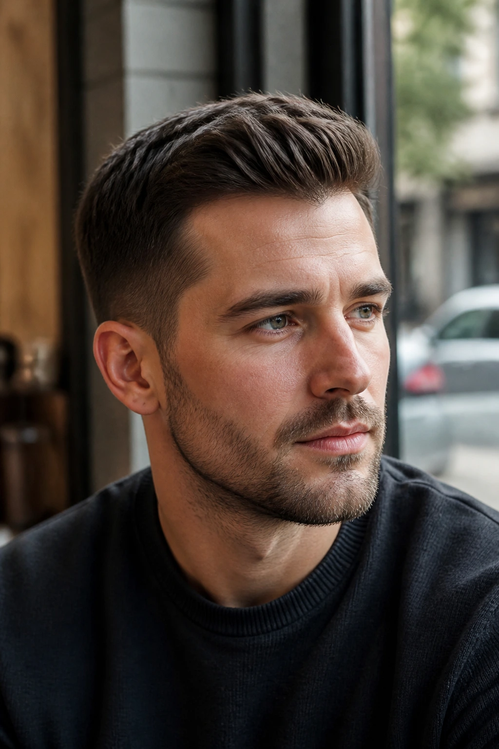 Man with low-profile quiff in cafe window light