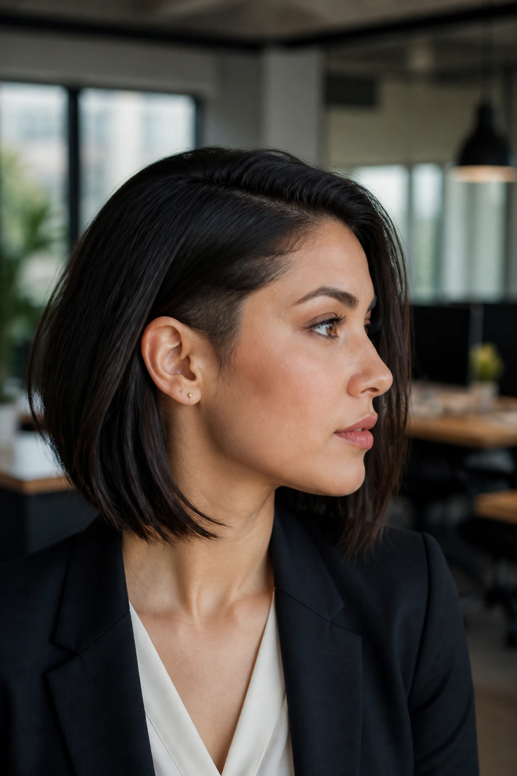 Portrait of a person with a discreet low-profile undercut at the nape in an office setting